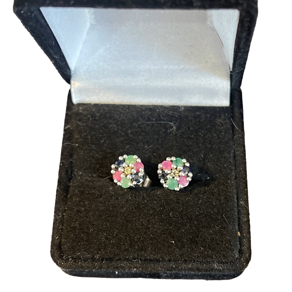 Sterling Silver Multicolor Gem Stud Earrings - image 1